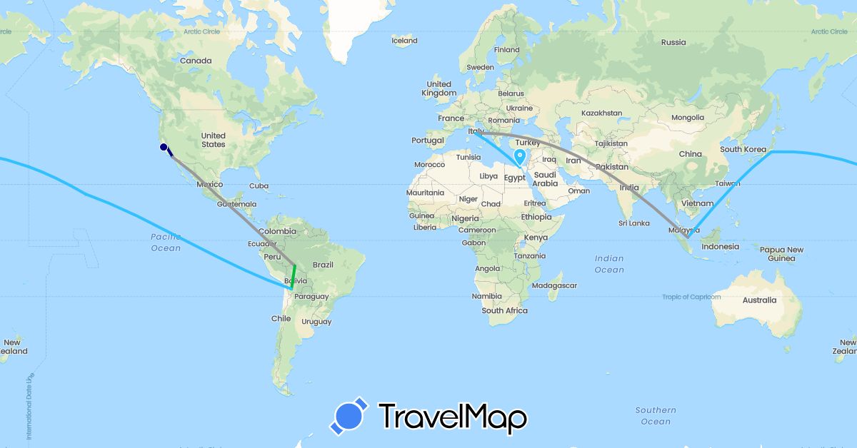 TravelMap itinerary: driving, bus, plane, boat in Bolivia, Egypt, Italy, Japan, Mexico, Singapore, United States (Africa, Asia, Europe, North America, South America)